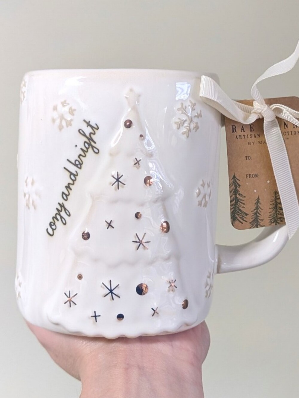 Rae Dunn COZY AND BRIGHT Christmas Mug with Metallic Accents & Embossed Tree🎄❄️